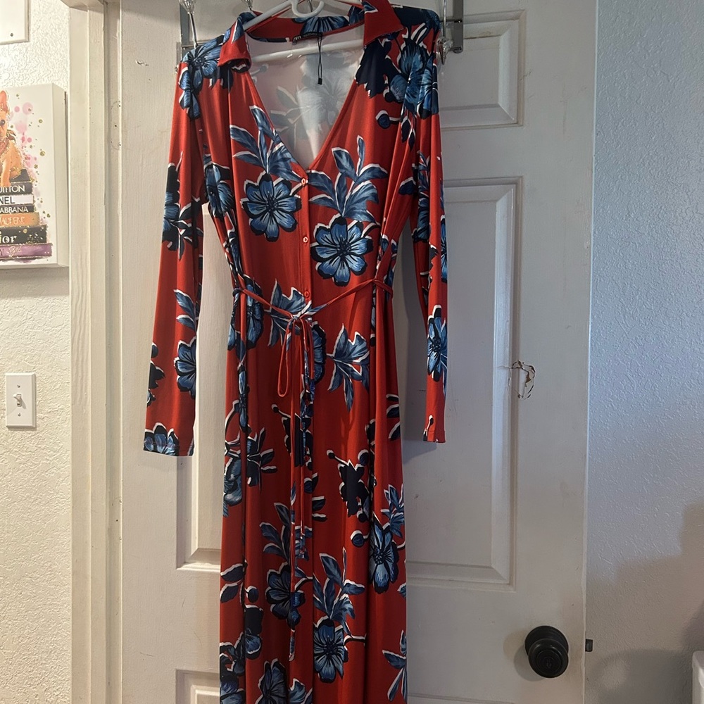 Zara Red Maxi Dress with Blue Floral Print